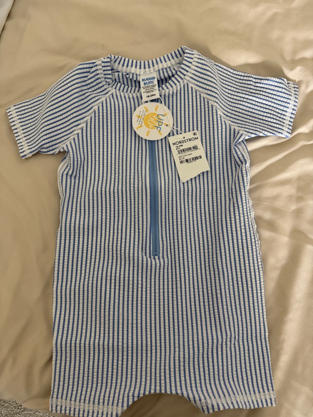 Rugged Butts Blue & White Stripe Kids One-Piece Swimsuit with Front Zip